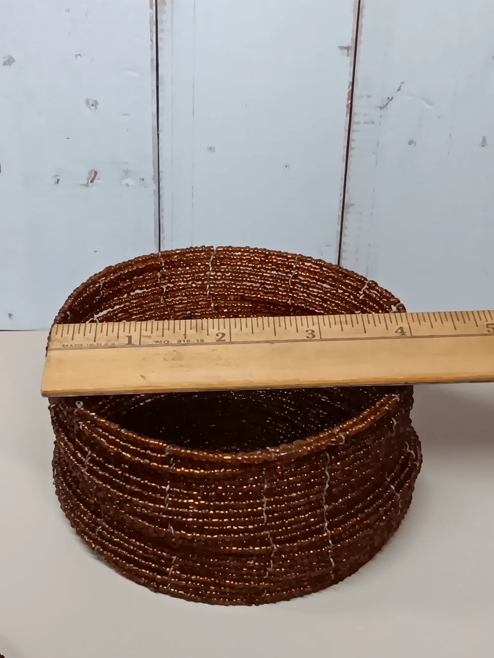 Hand Crafted Copper Brown Beaded Lidded Basket 4